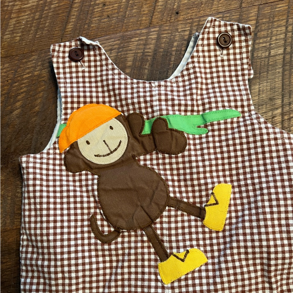 Brown Gingham Monkey Appliqué Kids Overalls - Picture 3 of 4